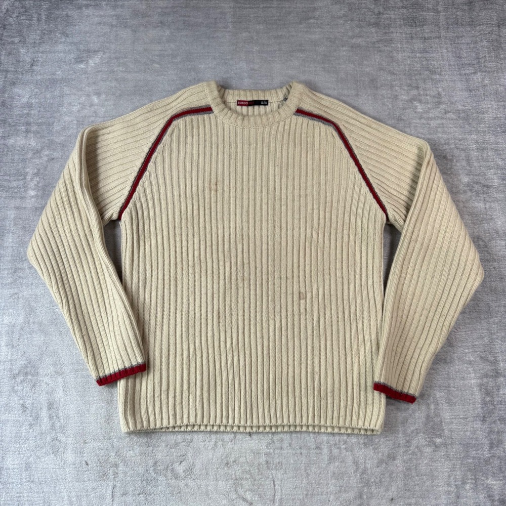 Bongo Sweater Men XL Cream Ribbed Raglan Racing Stripe Y2K Crewneck Pullover
